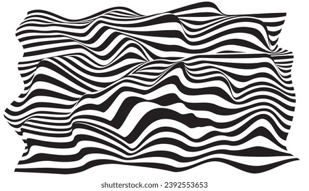 Distorted wave lines as mountains. Abstract optical illusion wave black and white lines with distortion effect.