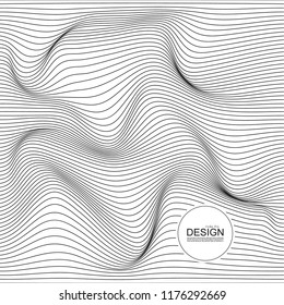 Textura monocroma de onda distorsionada. Superficie de rizado dinamico abstracto. Fondo de deformación de bandas vectoriales.