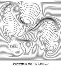 Distorted wave monochrome texture. Abstract dynamical rippled surface. Vector stripe deformation background.