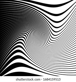  Textura monocroma de onda distorsionada. Superficie de rizado dinamico abstracto. Fondo de deformación de bandas vectoriales.Fondo de líneas de moda