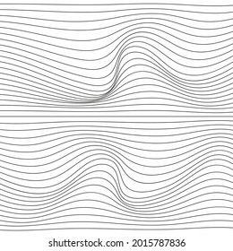 Textura monocroma de ondas distorsionadas. Resumen de la superficie de riego dinámica. Fondo de deformación de la banda del vector. Malla, patrón de cuadrícula de líneas. Ilustración en blanco y negro.