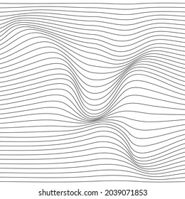 Distorted wave monochrome texture. Abstract dynamical rippled surface. Vector stripe deformation background. Mesh, grid pattern of lines. Black and white illustration.