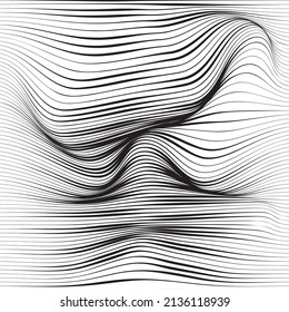 Distorted wave monochrome texture. Abstract dynamical rippled surface. Vector stripe deformation background. Distress glitch effect.