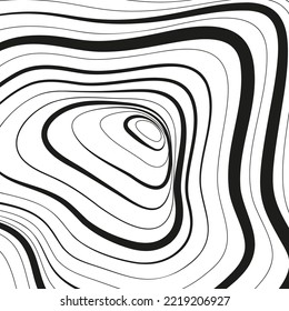 Distorted wave monochrome texture. Abstract dynamical rippled surface. Vector stripe deformation background. Mesh, grid pattern of lines. Black and white illustration.