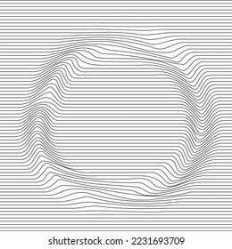 Verzerrte monochrome Wellenstruktur. Abstrakte, dynamisch gewölbte Oberfläche. Vektorstreifen-Verformungshintergrund. Mesh, Gittermuster von Linien. Schwarz-Weiß-Illustration.