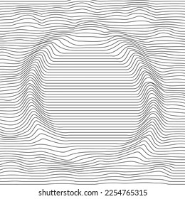 Distorted wave monochrome texture. Abstract dynamical rippled surface. Vector stripe deformation background. Mesh, grid pattern of lines. Black and white illustration.