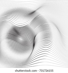Distorted wave monochrome texture. Abstract dynamical rippled surface. Vector stripe  deformation background.