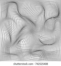 Distorted wave monochrome texture. Abstract dynamical rippled surface. Vector stripe  deformation background. Mesh, grid pattern of lines. Black and white illustration.