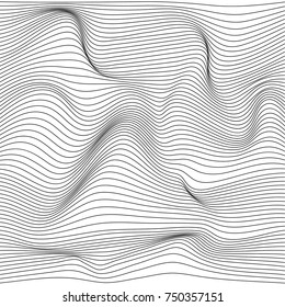 Distorted wave monochrome texture. Abstract dynamical rippled surface. Vector stripe  deformation background.