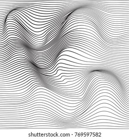 Distorted wave monochrome texture. Abstract dynamical rippled surface. Vector stripe  deformation background.