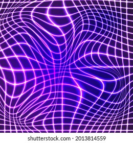 Distorted wave neon texture. Abstract dynamical rippled surface. Vector stripe deformation background. Mesh, grid pattern of lines. Synthwave retro poster design.