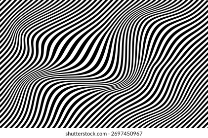 Verzerrte wellenförmige schwarz-weiße Streifen bilden einen optischen Täuschungseffekt, perfekt für abstraktes Design, Retro-Kunst und moderne dekorative Projekte.