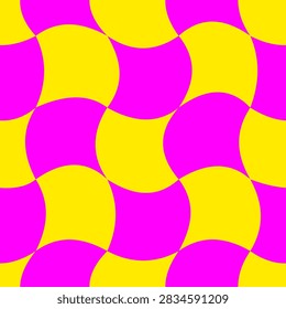 Distorted Wavy Checkerboard Seamless Pattern in Electric Fuchsia and Vivid Yellow, Surreal Optical Illusion Flat Design Vector Background.