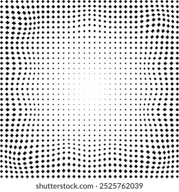 Medio tono ondulado distorsionado, patrón de cuadrados diagonales. Una disposición de Formas anguladas con un giro. Aislado en un fondo blanco.