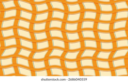 Un patrón de cuadrícula a cuadros de color naranja y crema distorsionado y ondulado que crea un fondo abstracto.