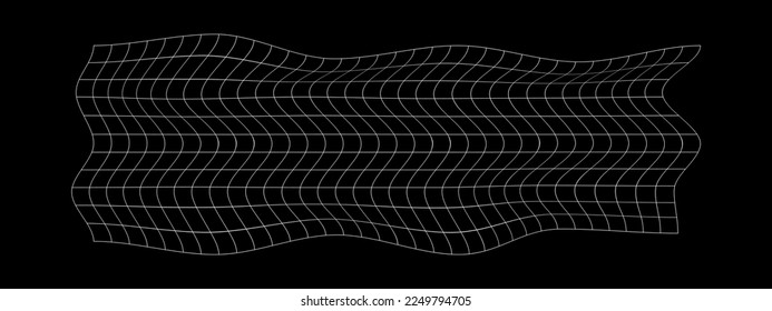 Distorted white grid on black background. Warped mesh texture. Fish net with curvatured effect. Checkered pattern deformation. Bented lattice surface. Vector graphic illustration