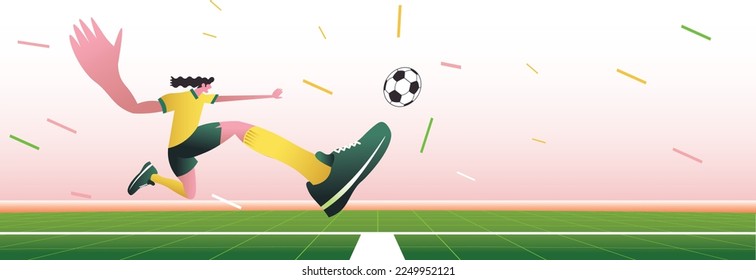 distorted wide angle view of a football player character in motion kicking a ball, trendy flat style vector illustration. World cup concept. Landing page main block layout.