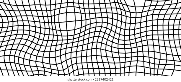 Distorted wireframe background. Abstract wavy checkerboard wallpaper. Warped and curved grid surface pattern. Black and white geometric texture with optical illusion effect. Vector illustration