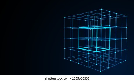 Distorted wireframe cubes from different sides. Vector abstract geometric 3D objects. Technology block chain network connection. Big data visualization.