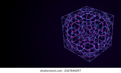 Distorted wireframe cubes from different sides. Vector abstract geometric 3D objects. Technology block chain network connection. Big data visualization.