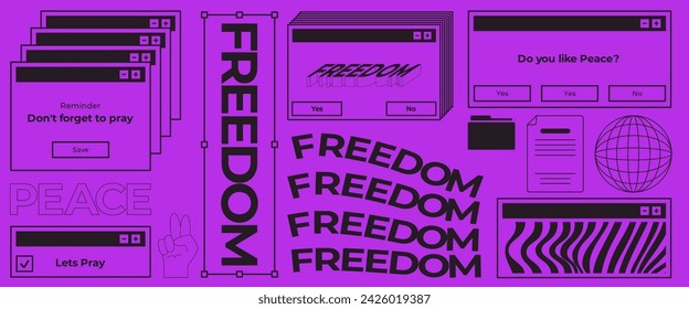 Verzerrte Y2K 90s Funky Groovy Design Control Technologie Digitaler Fehler Bug Effekt mit Textfreiheit und Peace Purple Farbe