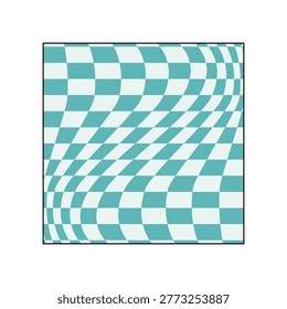 Distorting checkered grid in shades of blue and white creates a dynamic optical illusion, offering a modern abstract background with eye catching visual movement and depth