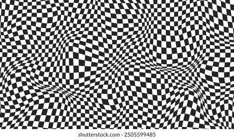 Distortion abstract banner. Checkered background with distortion effect. Checkered pattern. surface. Black and white background, distorted chessboard. Vector illustration.