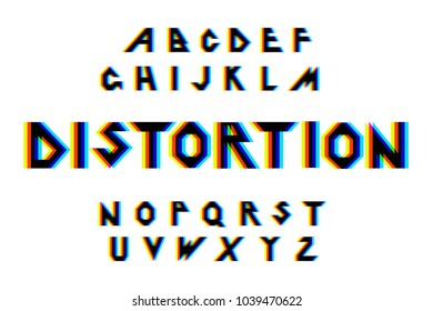 Distortion Alphabet.Vector distorted glitch font. Trendy style lettering typeface. Latin letters Glitch typeface. Green and red channels. Trendy style distorted vector illustration