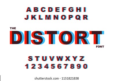 Distortion Alphabet.Vector of modern bold font and alphabet. Distorted glitch font.Vintage Alphabet vector 80's, 90's. Retro 