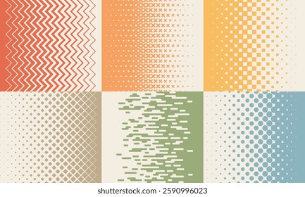 Distortion backgrounds set. Colored gradient dynamic transitions from geometric shapes - squares, diamonds, circles, crosses, zigzags. Modern abstract design for posters, presentations, flyers.
