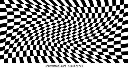 Distortion effects on checkered pattern, monochrome black and white EPS10 vector background.