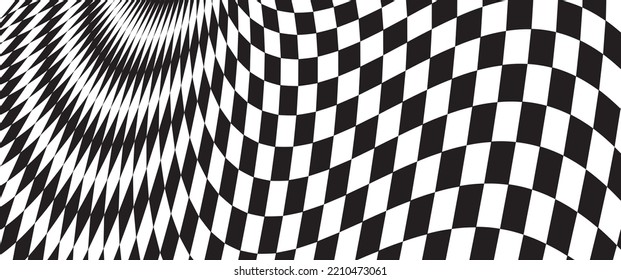 Distortion effects on the checkered pattern. Black and white checkered illustration. Vector abstract background. 