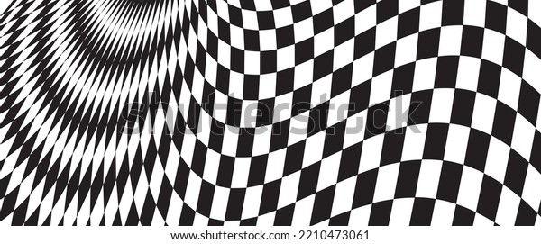 Distortion\
effects on the checkered pattern. Black and white checkered\
illustration. Vector abstract background.\
