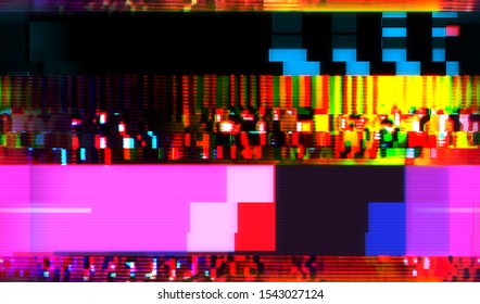Distortion of encoded digital video recording. Image of a broken computer monitor with a faulty video card. Bug gitch texture. Vector illustration.