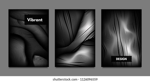 Distortion of Lines. Abstract Backgrounds with Vibrant Gradient and Wavy Stripes. Monochrome Cover Templates Set with Volume and Metallic Effect. Distorted Shapes for Business Presentation, Brochure.