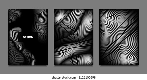 Distortion of Lines. Abstract Backgrounds with Vibrant Gradient and Wavy Stripes. Monochrome Cover Templates Set with Volume and Metallic Effect. Distorted Shapes for Business Presentation, Brochure.