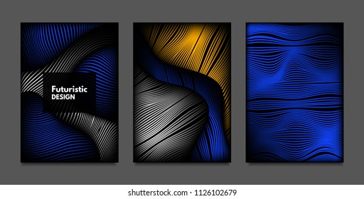 Distortion of Lines. Abstract Backgrounds with Vibrant Gradient and Wavy Stripes. Futuristic Cover Templates Set with Volume and Metallic Effect. Distorted Shapes for Business Presentation, Brochure.