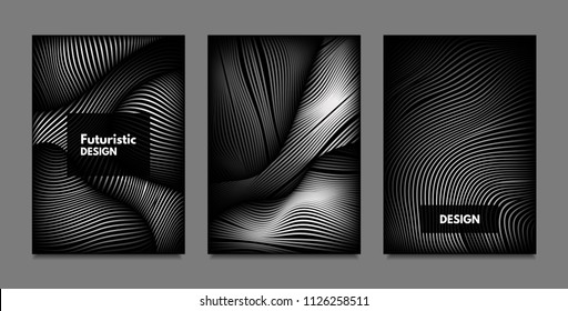 Distortion of Lines. Abstract Backgrounds with Vibrant Gradient and Wavy Stripes. Monochrome Cover Templates Set with Volume and Metallic Effect. Distorted Shapes for Business Presentation, Brochure.