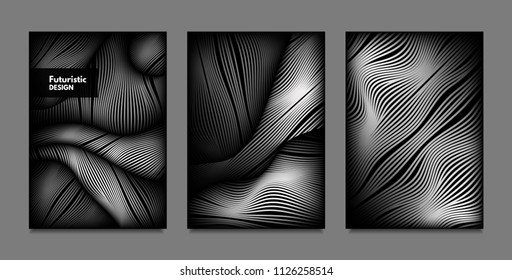Distortion of Lines. Abstract Backgrounds with Vibrant Gradient and Wavy Stripes. Monochrome Cover Templates Set with Volume and Metallic Effect. Distorted Shapes for Business Presentation, Brochure.