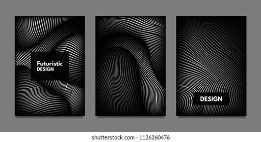 Distorsión de líneas. Fondos abstractos con rayas vibrantes de gradiente y onduladas. Plantillas de tapa monocromas con efecto de volumen y metal. Formas distorsionadas para presentación empresarial, Folleto.