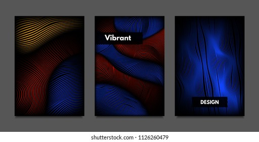 Distortion of Lines. Abstract Backgrounds with Vibrant Gradient and Wavy Stripes. Futuristic Cover Templates Set with Volume and Metallic Effect. Distorted Shapes for Business Presentation, Brochure.