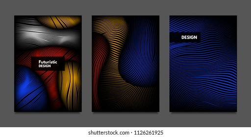 Distortion of Lines. Abstract Backgrounds with Vibrant Gradient and Wavy Stripes. Futuristic Cover Templates Set with Volume and Metallic Effect. Distorted Shapes for Business Presentation, Brochure.