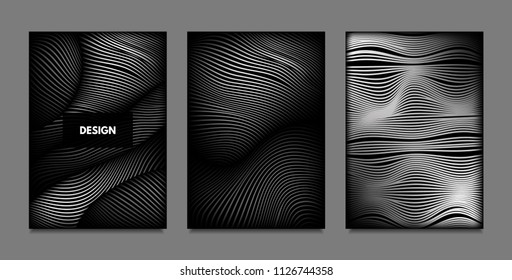 Distortion of Lines. Abstract Backgrounds with Vibrant Gradient and Wavy Stripes. Monochrome Cover Templates Set with Volume and Metallic Effect. Distorted Shapes for Business Presentation, Brochure.