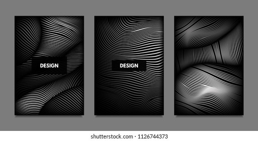 Distortion of Lines. Abstract Backgrounds with Vibrant Gradient and Wavy Stripes. Monochrome Cover Templates Set with Volume and Metallic Effect. Distorted Shapes for Business Presentation, Brochure.