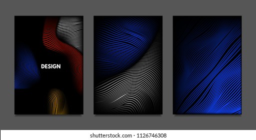 Distortion of Lines. Abstract Backgrounds with Vibrant Gradient and Wavy Stripes. Futuristic Cover Templates Set with Volume and Metallic Effect. Distorted Shapes for Business Presentation, Brochure.