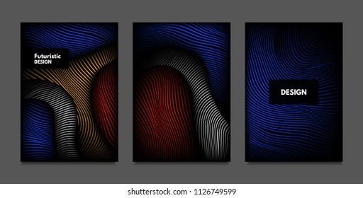 Distortion of Lines. Abstract Backgrounds with Vibrant Gradient and Wavy Stripes. Futuristic Cover Templates Set with Volume and Metallic Effect. Distorted Shapes for Business Presentation, Brochure.