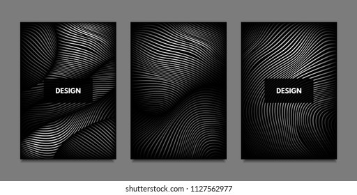 Distortion of Lines. Abstract Backgrounds with Vibrant Gradient and Wavy Stripes. Monochrome Cover Templates Set with Volume and Metallic Effect. Distorted Shapes for Business Presentation, Brochure.
