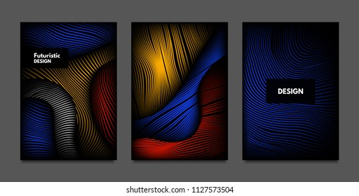 Distortion of Lines. Abstract Backgrounds with Vibrant Gradient and Wavy Stripes. Futuristic Cover Templates Set with Volume and Metallic Effect. Distorted Shapes for Business Presentation, Brochure.