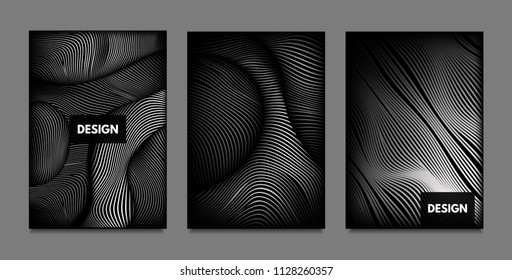 Distortion of Lines. Abstract Backgrounds with Vibrant Gradient and Wavy Stripes. Monochrome Cover Templates Set with Volume and Metallic Effect. Distorted Shapes for Business Presentation, Brochure.