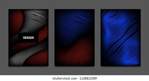 Distortion of Lines. Abstract Backgrounds with Vibrant Gradient and Wavy Stripes. Futuristic Cover Templates Set with Volume and Metallic Effect. Distorted Shapes for Business Presentation, Brochure.